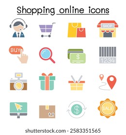 Shopping online , Internet shopping icon set  in flat color style