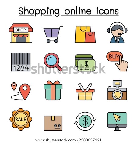 Shopping online , Internet shopping icon set in color line style