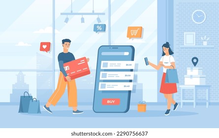 Shopping online. Internet store app and mobile payments by credit card via electronic wallet wirelessly on phone. Flat cartoon vector illustration with people characters for banner, website design.
