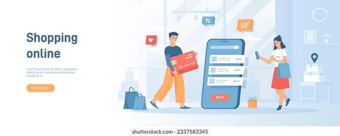 Shopping online. Internet store app and mobile payments by credit card via electronic wallet wirelessly on phone. Flat concept great for social media promotional material. Website banner