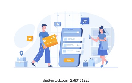 Shopping online. Internet store app and mobile payments by credit card via electronic wallet wirelessly on phone. Vector illustration with characters in flat design for web banner.	
