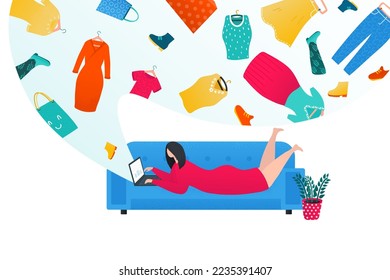 Shopping online in internet vector illustration. Woman thinks about purchasing through internet lying on sofa with laptop.