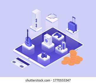 Shopping online isometric concept. Online purchase everything goods using online store applications household travel goods payment vector credit card cash upon receipt from courier modern ecommerce.