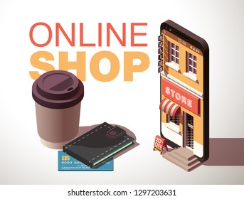 Shopping Online isometric on Website or Mobile Application Concept Marketing and Digital marketing. isometry view online store in smartphone isolated white table with tea or coffee and isometric purse