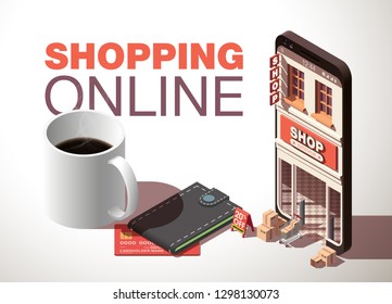 Shopping Online isometric on Website or Mobile Application Concept Marketing and Digital marketing. isometry view online store in smartphone isolated white table with tea or coffee and isometric purse