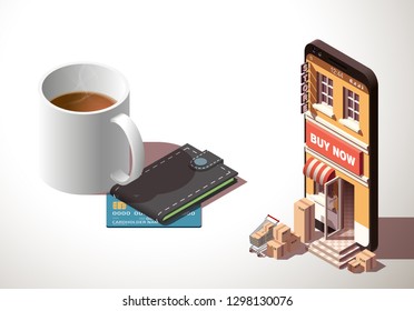 Shopping Online isometric on Website or Mobile Application Concept Marketing and Digital marketing. isometry view online store in smartphone isolated white table with tea or coffee and isometric purse