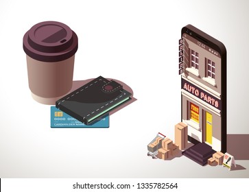 Shopping Online isometric on Website or Mobile Application Concept Marketing and Digital marketing. isometry view online store in smartphone isolated white table with tea or coffee and isometric purse