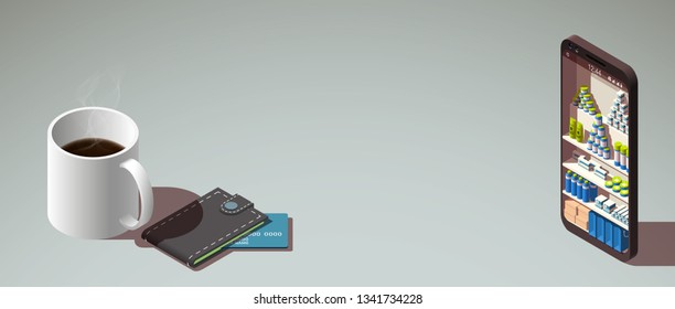 Shopping Online isometric on Website or Mobile shop Application Concept Marketing and Digital order. isometry view online store in smartphone isolated on table with isometric purchases modern design