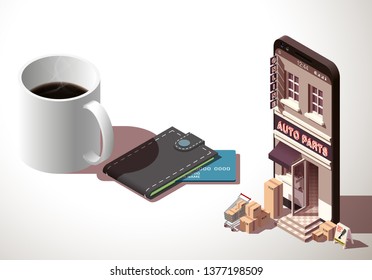 Shopping Online isometric on Website or Mobile Application Auto parts search. isometry view online store Search and Buy car part in smartphone isolated white table with tea or coffee isometric style