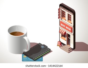 Shopping Online isometric on Website or Mobile Application Concept Marketing and Digital marketing. isometry view online store in smartphone isolated white table with tea or coffee and isometric purse