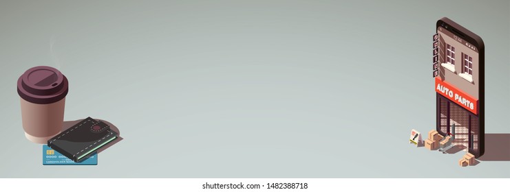 Shopping Online isometric on Website or Mobile shop Application Concept Marketing and Digital order. isometry view online store in smartphone isolated on table with isometric purchases modern design