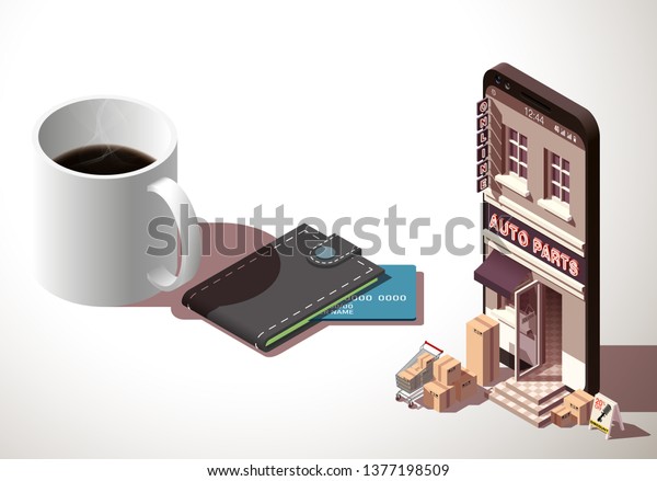 Shopping Online isometric on Website or Mobile\
Application Auto parts search. isometry view online store Search\
and Buy car part in smartphone isolated white table with tea or\
coffee isometric\
style