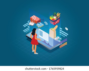 Shopping online isometric poster Free Vector. Woman dressing red color buying online shopping.
