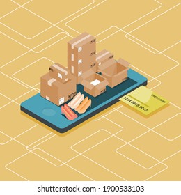 Shopping online isometric view. Packing the parcel boxes on the screen smart phone.