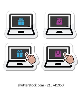 Shopping online, lapton with present and shooping bag icons set