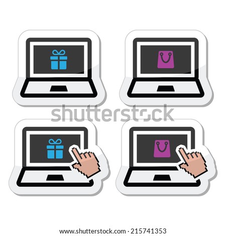 Shopping online, lapton with present and shooping bag icons set