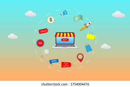 Shopping online with laptop concept illustration. People using netbook for online shop Vector illustration in flat style. can use for landing page, website, online shop aplication, mobile web 
