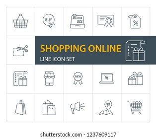 Shopping online line icon set. Smartphone, laptop, payment. Purchasing concept. Can be used for topics like buying, consumerism, internet stores