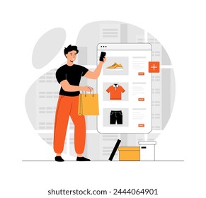 Shopping online. Man buy clothes in online store through mobile application, pay his credit card. Illustration with people scene in flat design for website and mobile development.	
