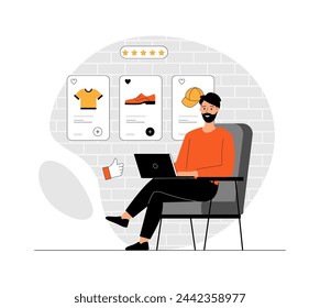 Shopping online. Man choosing goods, clothes in shop, makes online purchases and make orders on laptop. Illustration with people scene in flat design for website and mobile development.