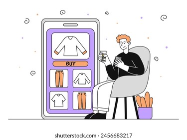 Shopping online man linear. Young guy buying clothes on internet. Electronic commerce and digital transfers and transactions. Sale and discount on internet. Doodle flat vector illustration