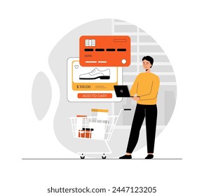 Shopping online. Man ordering goods at website and paying online using laptop. Illustration with people scene in flat design for website and mobile development.	
