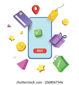 Shopping online with mobile app concept. 3d e-commerce icons. Buy button, sale, gift box, credit card infographics.