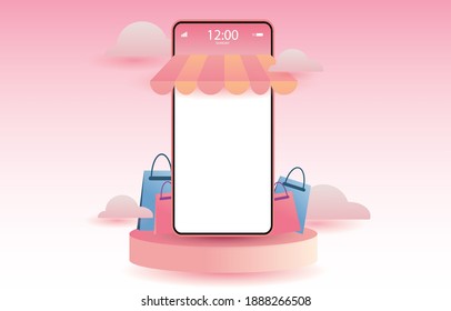Shopping Online with Mobile Application on Website Digital marketing Shop at internet global , Vector illustration