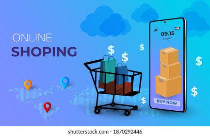 Shopping Online oder Mobile Application Vector Concept Marketing und Digital Marketing. Horizontale Ansicht.