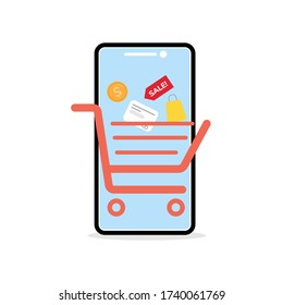 Shopping online mobile applications e-commerce payment coins bags labels discounted flat icon in the basket isolated on white background