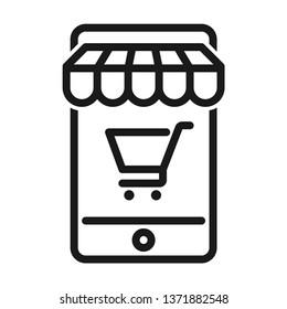 Shopping online, Mobile with shopping cart icon. Stroke outline style. Vector. Isolate on white background.