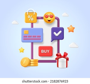 Shopping Online with mobile phone app. Mobile paying, online purchases, buying with bank card concept, 3d vector