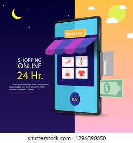 Shopping online mobile phone concept Shopping online open 24 hours vector