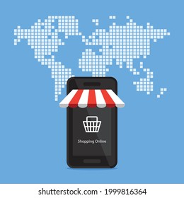Shopping online with mobile phone and world map, Vector illustration design concept in flat style