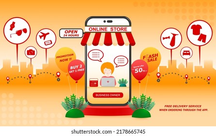 Shopping online with mobile, smartphone, Payment on website and application, Online store business owner, Promotion flash sale advertising and free delivery service, Female store employee take orders.