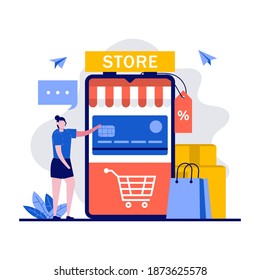 Shopping online with mobile smartphone shop app service concept with tiny character. Consumer with cart to buy in internet store on sales. Modern flat illustration for website and landing page.