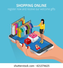 Shopping online. Mobile store. Flat illustration for web and mobile phone services and apps.