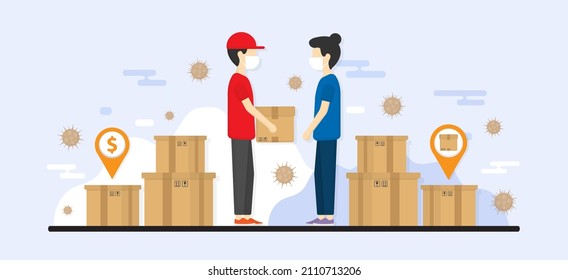 Shopping online in new normal. Shop concept. Delivery man wears a mask passing box to the customer. Delivery concept. Logistic business. Transportations concept. Covid-19. Virus icons.