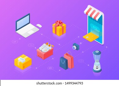 Shopping Online objects collection Isometric vector: Mobile phone as Web store, Laptop notebook, present box, shopping bags, shoes, camera.