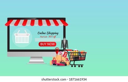 Shopping Online on computer Concept Marketing and Digital vector.