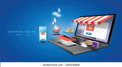 Shopping Online On Computer Laptop Mobile Application Vector. Concept Marketing And Digital Marketing