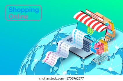 Shopping online on computer laptop on website online with Shopping cart with Fast delivery global. isometric flat vector design