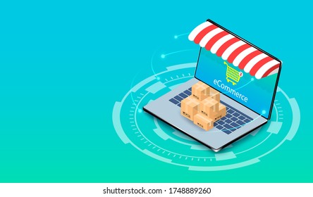 Shopping online on computer laptop with e-commerce system. isometric flat vector design