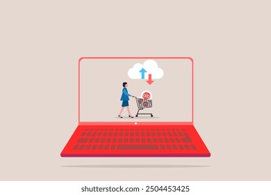 Shopping Online on Computer laptop Application. Concept Marketing and Digital marketing. Business woman pushing shopping cart trolley