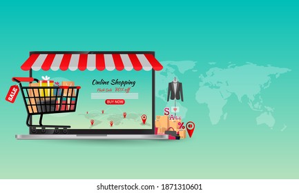 Shopping Online on laptop  Concept Marketing and Digital vector.