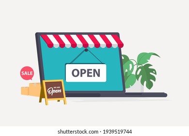 Shopping Online On Laptop Paper Art For Shop Open Sale Website Retail Commercial.