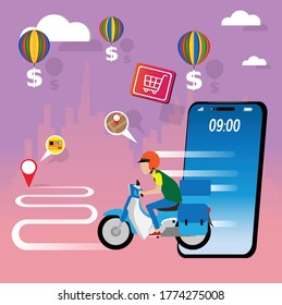 Shopping online on mobile app and motorcycle delivery. 