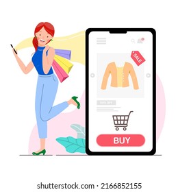 Shopping online on mobile app. Happy girl using phone buying on sale cloth or shirt for woman. Shopper shop on smartphone. Special offer, discount, clothing store concept. Flat vector illustration.
