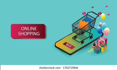 Compras en línea en Mobile Application Concepto Marketing y Vector Digital.
