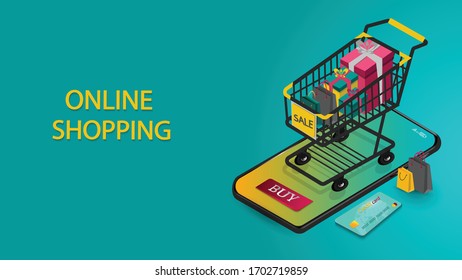 Compras en línea en Mobile Application Concepto Marketing y Vector Digital.